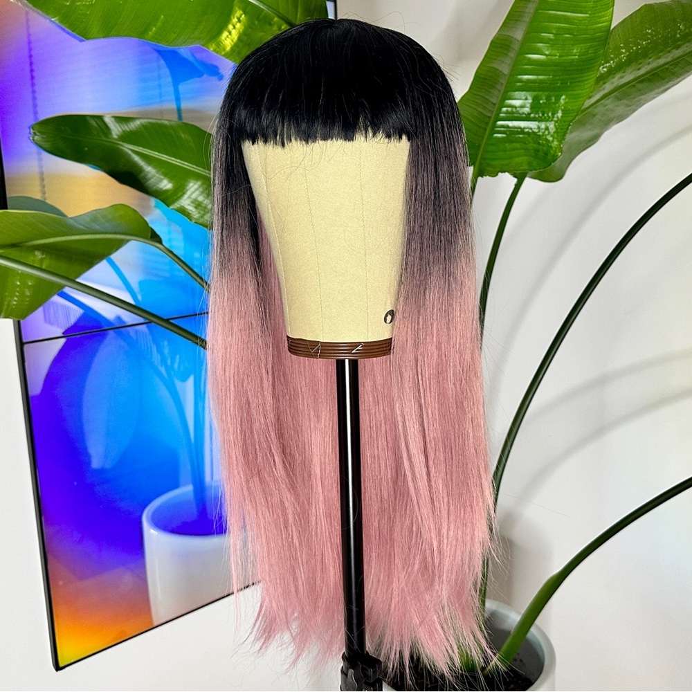 Long Straight Ombre Black to Pink Wig With Bangs